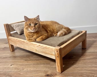 Handmade Solid Oak Cat Bed with Anti-Scratch Velvet Cushion, Eco-Friendly Cat Furniture, Gift for Cat Lovers
