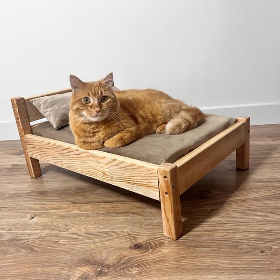 Handmade Solid Oak Cat Bed With Anti-scratch Velvet Cushion, Eco