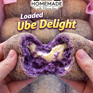 May include: A box of homemade Ube Delight pastries. One pastry is cut open, revealing a vibrant purple interior and a creamy filling. The pastries are in a pink box with the text "ILANA'S BEST HOMEMADE".