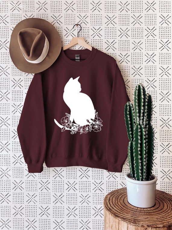Cat Sweatshirt, Black Cat Sweatshirt, Floral Cat Sweatshirt, Woman Sweatshirt, Cat Lover Sweat, Black Cat Hoodie, Cat Mom Gift, Holiday Gift