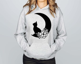 Black Cat Hoodie, Cat Mom Sweatshirt, Black Cat Sweatshirt, Floral Moon Cat Sweatshirt, Cat Mom Gifts, Cat Hoodie, Cat Lover Sweatshirt