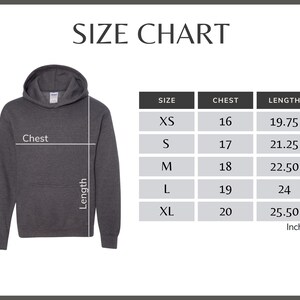 May include: Size chart for a hooded sweatshirt, showing chest and length measurements in inches for sizes XS, S, M, L, and XL.