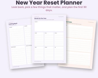 New Year Reset Planner Printable, 2027 Goal Setting Worksheets PDF, Year Review, Word of the Year, 90 Day Plan, Lavender and Peach