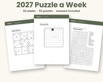 2027 Puzzle a Week Printable, 52 Weekly Puzzles PDF, Word Search Sudoku Logic Puzzles, New Year Gift, Answers, A4 and US Letter