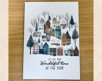 Snow Covered Village Illustrated In Nordic Style | Festive Christmas Cards - 5x7 Inches with Envelope | Send love to friends and family