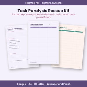 Task Paralysis Rescue Kit Printable, ADHD Task Initiation Worksheets PDF, Tiny First Step, Five Minute Start Tracker, A4 Letter, Pastel image 1