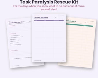 Task Paralysis Rescue Kit Printable, ADHD Task Initiation Worksheets PDF, Tiny First Step, Five Minute Start Tracker, A4 Letter, Pastel