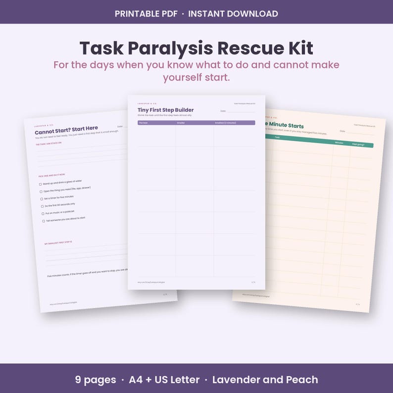 Task Paralysis Rescue Kit Printable, ADHD Task Initiation Worksheets PDF, Tiny First Step, Five Minute Start Tracker, A4 Letter, Pastel image 1
