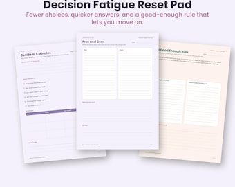 Decision Fatigue Reset Pad Printable, Good Enough Rule Worksheet PDF, Default Decisions Planner, Overwhelm Helper, A4 Letter, Pastel