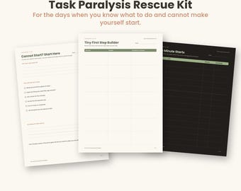 Task Paralysis Rescue Kit Printable, ADHD Task Initiation Worksheets PDF, Tiny First Step, Five Minute Start Tracker, A4 Letter Dark Mode