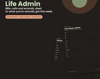 Life Admin Planner PDF — Dark Mode Edition, Weekly Bills Calls Errands Checklist, Spoons Energy Tracker, ADHD Printable Download