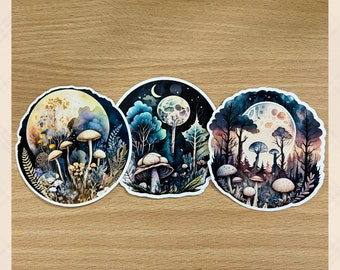 Moonlit Forest Mushroom Sticker Set | 3 Glossy Vinyl Die Cut Stickers | Water Bottle Notebook Laptop Decorative Sticker