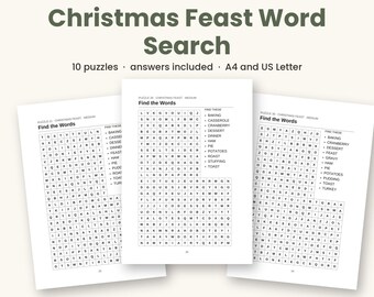 Caça-palavras de Natal para imprimir, 10 quebra-cabeças em PDF, quebra-cabeças festivos para adultos, respostas incluídas, formatos A4 e Carta (EUA)
