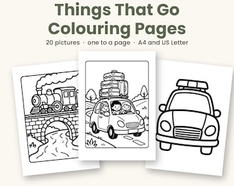 Vehicle Colouring Pages Printable, 20 Things That Go Colouring Sheets PDF, Cars, Trains, Fire Engine, Digger, Ages 3 to 8, A4 and US Letter