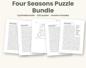Four Seasons Puzzle Bundle Printable, 5 Seasonal Puzzle Books PDF, Spring Summer Autumn Winter Christmas Word Search, Answers, A4 and Letter