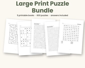 Large Print Puzzle Bundle Printable, 5 Easy Read Puzzle Books PDF, Word Search Sudoku Number Search for Seniors, Answers, A4 and Letter