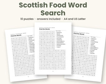 Scottish Food Word Search Printable, 10 Puzzles PDF, Scottish Puzzles for Adults, Answers Included, A4 and US Letter