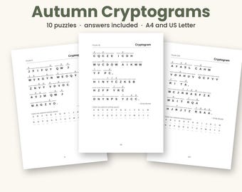 Autumn Cryptograms Printable, 10 Cryptogram Puzzles PDF, Cosy Autumn Puzzles for Adults, Answers Included, A4 and US Letter