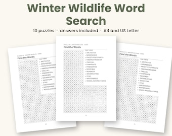 Winter Wildlife Word Search Printable, 10 Puzzles PDF, Winter Puzzles for Adults, Answers Included, A4 and US Letter