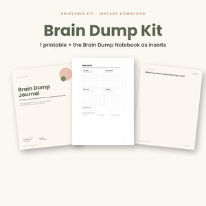 Può includere: Un set stampabile Brain Dump Kit composto da tre pagine con sfondo bianco sporco e testo verde scuro. Le pagine includono una copertina Brain Dump Journal, una pagina Now sort it con quattro sezioni e una pagina intitolata What's loudest in your head right now?