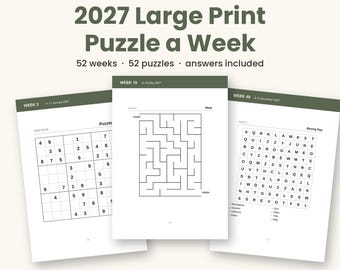 Quebra-cabeça semanal em letras grandes para imprimir (2027), 52 quebra-cabeças de leitura fácil em PDF, quebra-cabeças para idosos, caça-palavras, sudoku, respostas, formatos A4 e Carta (EUA).