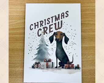 Adorable Dachshund Christmas Crew With Presents | Festive Christmas Cards - 5x7 Inches with Envelope | Send love to friends and family