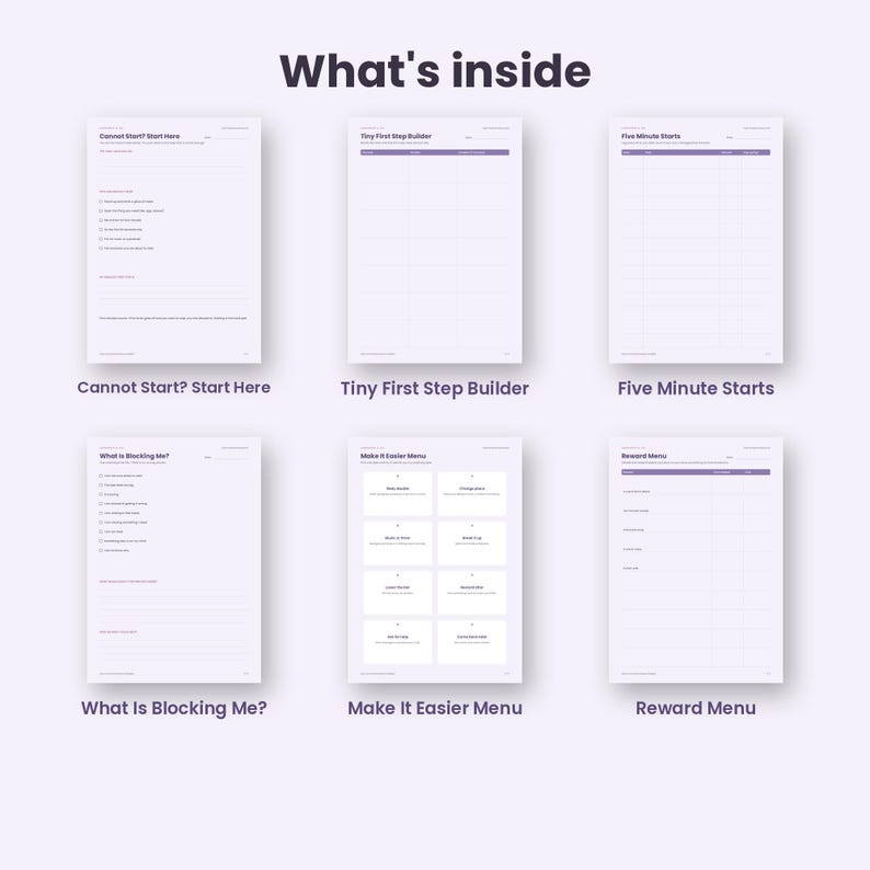 Task Paralysis Rescue Kit Printable, ADHD Task Initiation Worksheets PDF, Tiny First Step, Five Minute Start Tracker, A4 Letter, Pastel image 2