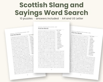 Scottish Slang and Sayings Word Search Printable, 10 Puzzles PDF, Scottish Puzzles for Adults, Answers Included, A4 and US Letter