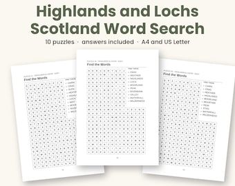 Highlands and Lochs Scotland Word Search Printable, 10 Puzzles PDF, Scottish Puzzles for Adults, Answers Included, A4 and US Letter