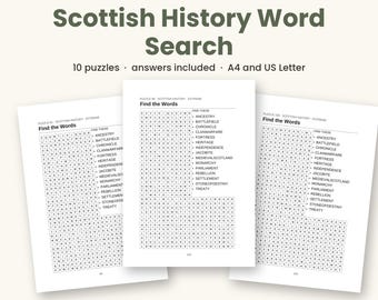 Scottish History Word Search Printable, 10 Puzzles PDF, Scottish Puzzles for Adults, Answers Included, A4 and US Letter