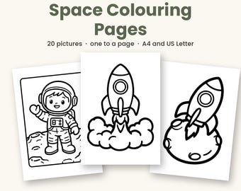 Space Colouring Pages Printable, 20 Kids Space Colouring Sheets PDF, Rocket, Astronaut, Planets, Alien, Ages 3 to 8, A4 and US Letter