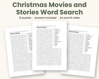 Caça-palavras de Filmes e Histórias de Natal para Imprimir, 10 Quebra-cabeças em PDF, Quebra-cabeças Festivos para Adultos, Respostas Inclusas, Formatos A4 e Carta (EUA)