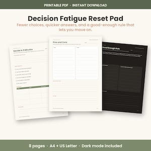 Bloco de Anotações para Reinicialização da Fadiga Decisória (Imprimível), Planilha da Regra do "Bom o Suficiente" em PDF, Planejador de Decisões Padrão, Auxílio para Lidar com a Sobrecarga, Modo Escuro (A4/Carta) imagem 1