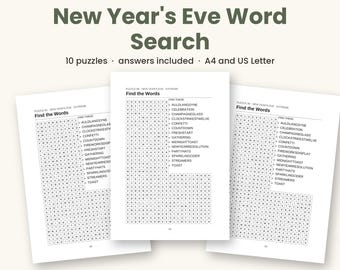 New Year's Eve Word Search Printable, 10 Puzzles PDF, Winter Puzzles for Adults, Answers Included, A4 and US Letter