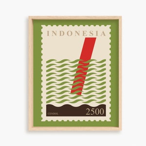 Póster de Cendol, impresión artística de comida indonesia, arte de bebidas asiáticas, impresión abstracta de comida, póster de sello postal, arte minimalista, arte retro de comida