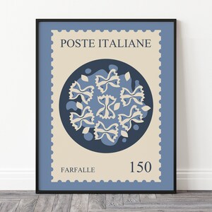 Impresión artística de farfalle, póster de pasta, arte de comida italiana, póster de comida, arte de Italia, impresión de comida, arte de sellos postales, arte de comida minimalista