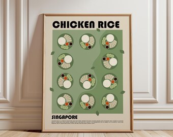 May include: A framed poster titled CHICKEN RICE SINGAPORE featuring a light green background with eleven circular illustrations of chicken rice plates. Each plate shows sliced chicken, rice, cucumber slices, and small bowls of dipping sauces.