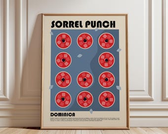 May include: A framed wall art print titled SORREL PUNCH DOMINICA featuring a blue rectangular background with eleven red circular illustrations of sorrel flowers, each containing small dark centers, arranged in a grid pattern.