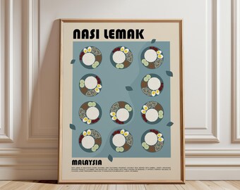 May include: A framed poster titled NASI LEMAK MALAYSIA featuring a grid of twelve circular illustrations of the dish. Each plate shows white rice, sliced cucumber, boiled egg, and dark sambal on a blue background with scattered leaves.