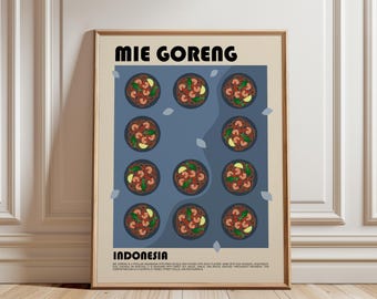 May include: A framed poster featuring the text MIE GORENG at the top and INDONESIA at the bottom. The center displays eleven circular illustrations of noodle dishes with shrimp and greens on a blue background with small light blue leaf accents.