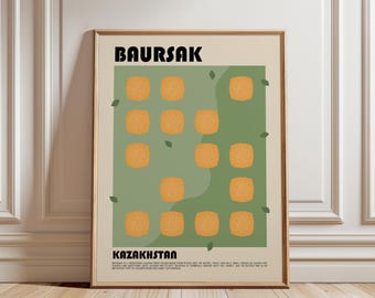 May include: A framed wall art print featuring the text BAURSAK and KAZAKHSTAN in black, bold lettering. The design displays a grid of golden-brown, square-shaped fried dough pieces on a sage green background, accented with small, scattered green leaves.