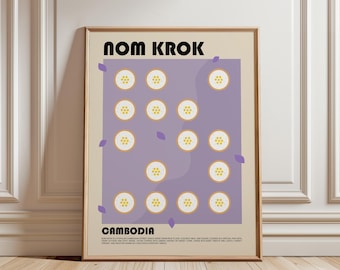 May include: A framed wall art print featuring the text NOM KROK and CAMBODIA. The design displays a light purple rectangular background with twelve yellow circular icons arranged in a grid, each containing a small honeycomb pattern, accented by scattered purple leaf shapes on a beige background.