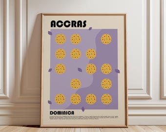 May include: A framed poster with a cream background featuring the text ACCRAS and DOMINICA in black. A central purple rectangle contains fourteen illustrations of golden-brown, round fritters with small red and green flecks.