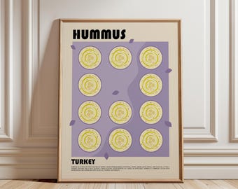 May include: A framed wall art print featuring the word HUMMUS at the top and TURKEY at the bottom. The center displays a purple rectangular background with eleven circular illustrations of hummus bowls, each garnished with olive oil and herbs.