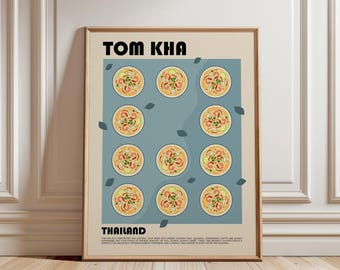 May include: A framed wall art print featuring a light beige background with the text TOM KHA and THAILAND in black. The center displays a blue rectangle with eleven illustrated bowls of soup, each containing shrimp and herbs, accented by small dark leaves.