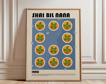 May include: A rectangular wall art print with a beige border and a blue central panel. The text SHAI BIL NANA and IRAQ appears in black. Eleven circular illustrations of orange tea cups with green mint leaves are arranged on the blue background.