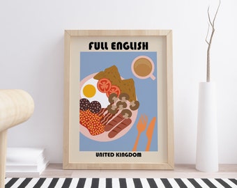 Full English Breakfast Art Print, English Food Poster, Breakfast Art Print, Modern Kitchen Wall Decor, Food Illustration, Food Pop Art