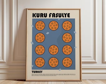 May include: A framed poster featuring the text KURU FASULYE and TURKEY, displaying a grid of eleven circular illustrations of orange bean stew on a blue background with small light blue leaf accents, set in a light-colored wooden frame.