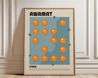 May include: A framed poster featuring the text AWAMAT at the top and SYRIA at the bottom. The central graphic displays a blue rectangular field with scattered orange circular shapes and small dark leaf icons. A descriptive paragraph is included.