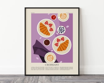May include: A purple and beige illustration of a French breakfast with croissants, coffee, strawberries, and blueberries. The text "CROISSANT" is at the bottom of the image.